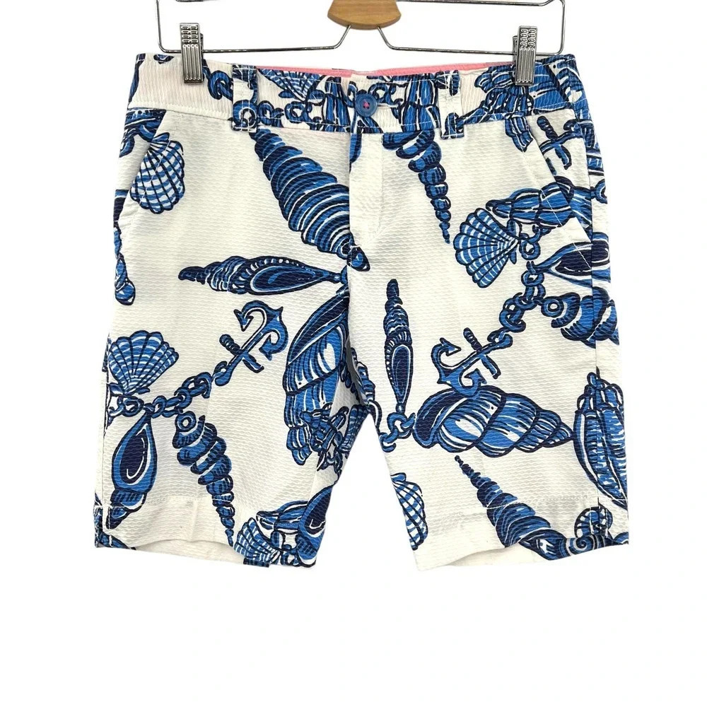 Lilly Pulitzer Resort Shorts Fallin' in Love White Blue Seashell Print Size 4
